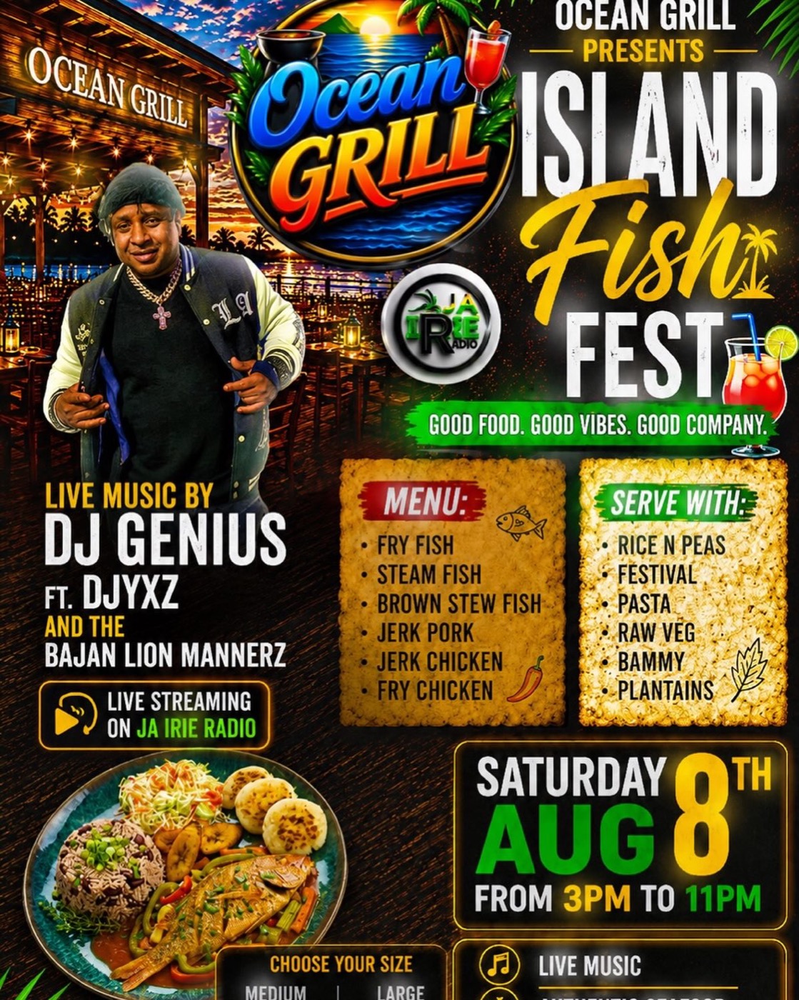 Island Fish Fest event flyer, Ocean Grill, live music by DJ Genius